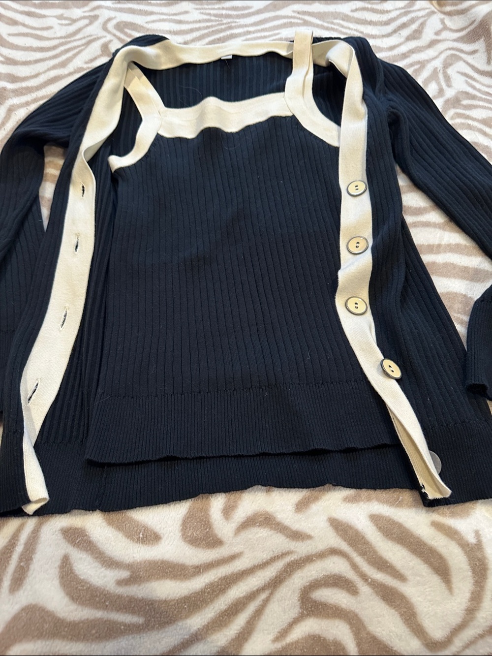 Old Navy Black Ribbed Cardigan with Cream Trim and Buttons